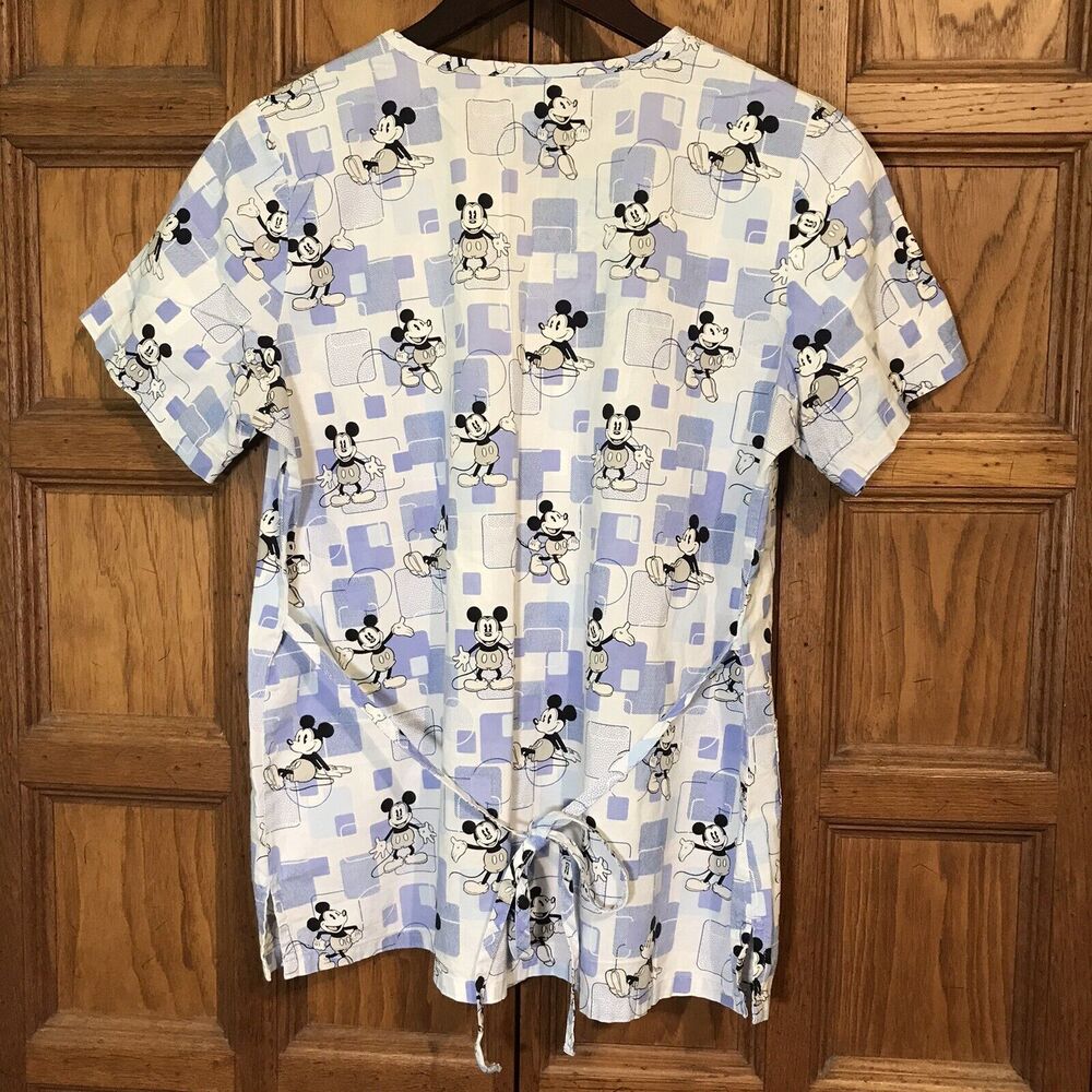 Disney Scrub Top Small Blue Mickey V-Neck Pockets Short Sleeve Tie Back Medical - Picture 5 of 10